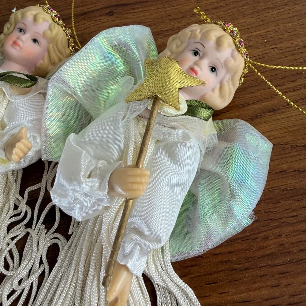 Vintage Set of 4 Porcelain Head Angel Christmas Ornaments White Tassel Star